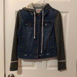 Size small jean jacket with cotton sleeves & hood